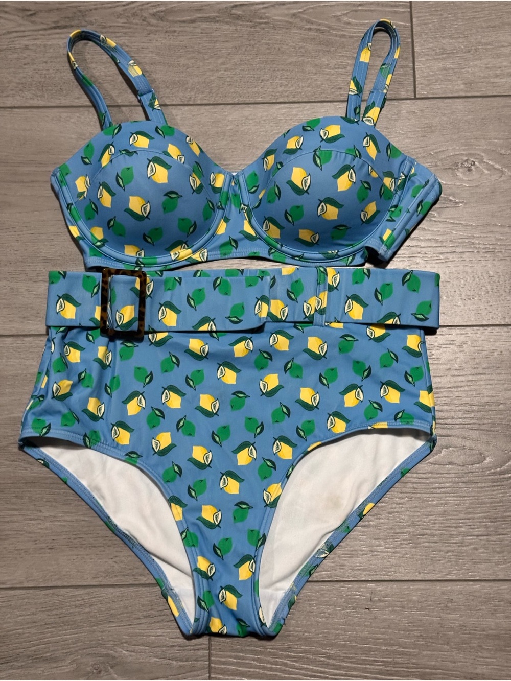 Boden Blue Two-Piece Swim Set with Yellow Lemon Print US32D top US6 bottom